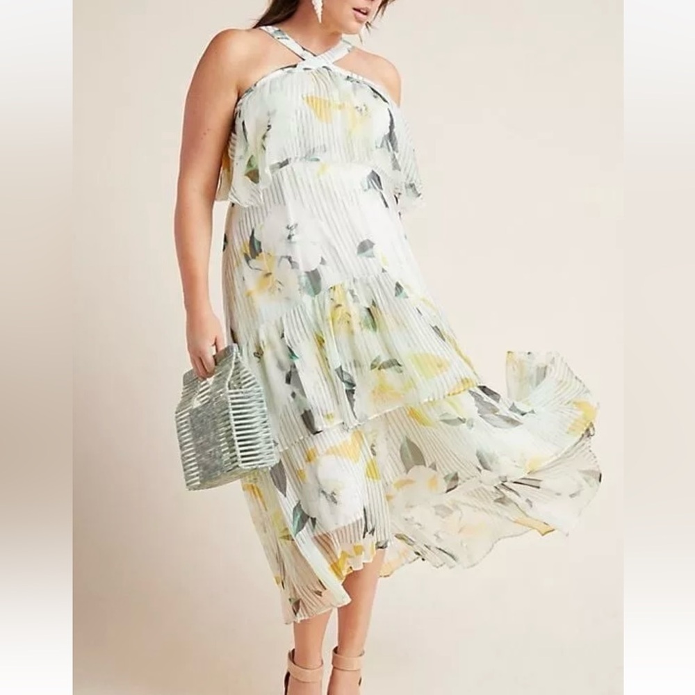 ANTHROPOLOGIE Garden Party Halter Top Tiered Abstract Floral Dress SZ: 12